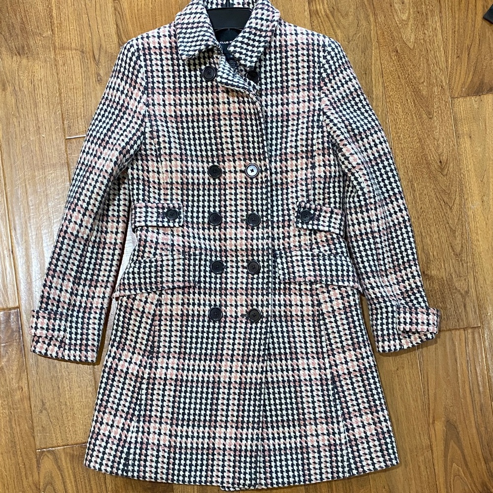 Club Monaco Pink and Black Wool Houndstooth Pea Coat